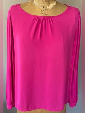 J.Crew Fuchsia Pink Long Sleeve Blouse Pleated Sleeve Keyhole Back M